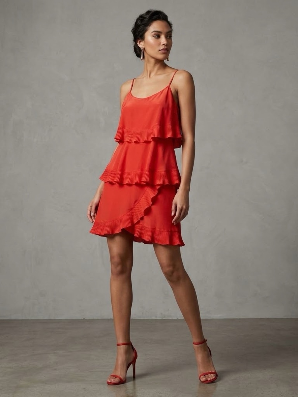 BCBGMaxazria Poppy Red 100% Silk Ruffle Layered Mini Dress Party Club Women’s XS